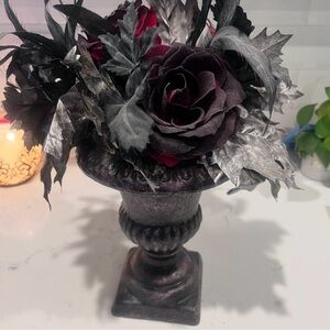 Gothic Vampire Black Red Floral Feather Rose Vase Arrangement